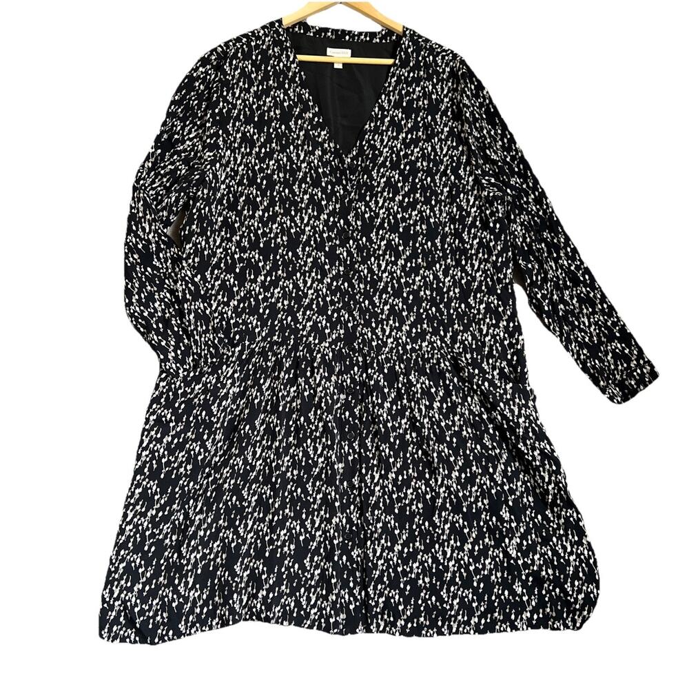 Garnet Hill Shirt Dress 18 Black Floral Short Drop Waist Slouchy Pockets Artsy